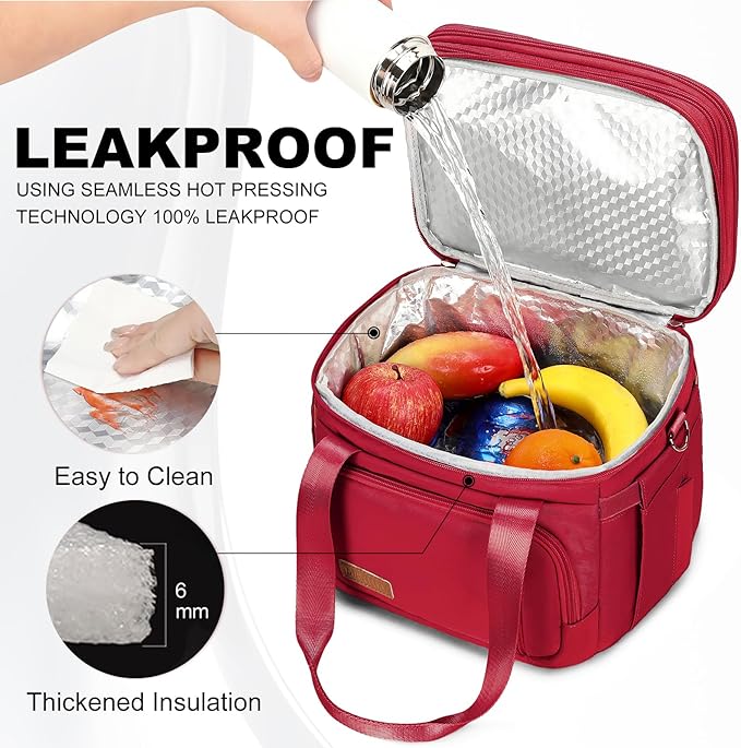 Lunch Box for Men Women - Double Deck Insulated Lunch Bag, Large Leak Proof Tote Cooler, Wide Open Dual Compartment Lunch Bags with Shoulder Strap, For Work Picnic Hiking Beach, Red