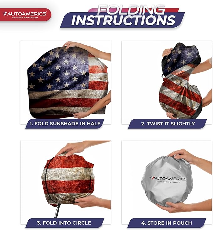 Autoamerics 1-Piece Windshield Sun Shade Grunge American Flag - 2 USA Design - Foldable Car Front Window Sunshade for Most Sedans SUV Truck - Blocks Max UV Rays and Keeps Your Vehicle Cool - Small