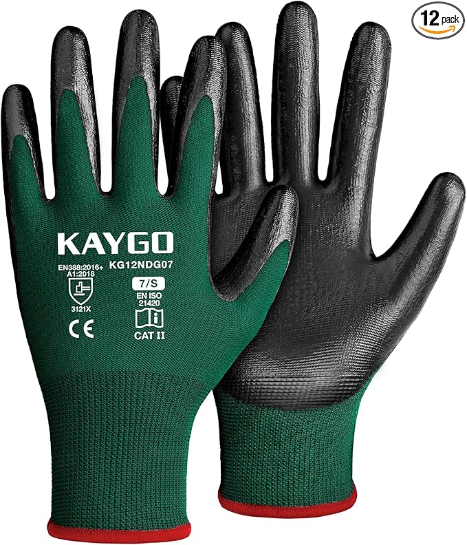KAYGO Work Gloves Nitrile Coated, 12 Pairs KG12N，Seamless Knit, Protective Safety Work Gloves with Good Grip for General Work,Green, S