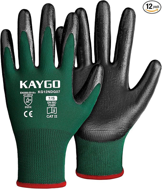 KAYGO Work Gloves Nitrile Coated, 12 Pairs KG12N，Seamless Knit, Protective Safety Work Gloves with Good Grip for General Work,Green, S