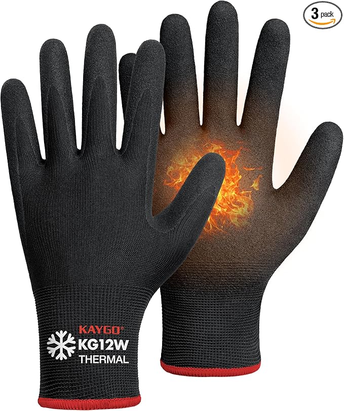 KAYGO 3 Pairs Winter Work Gloves for Men and Women, Thermal Insulated Safety Work Gloves Nitrile Coated, Super Grip on Palm & Fingers, Ideal for Freezer Work, KG12W Black, M