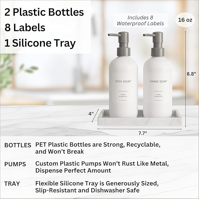 Plastic Soap Dispenser Set - PET Plastic Dish Soap Dispenser for Kitchen, Hand Soap Lotion Bottles with Pump Dispenser for Bathroom, Includes 8 Waterproof Labels and Silicone Tray, 16 oz
