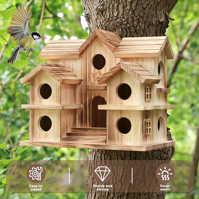 Large Bird House with 10 Holes - Handcrafted Wooden Martin House for Outdoor, Ideal for Purple Martins, Bluebirds, Finches, Cardinals, Sparrows, Chickadees