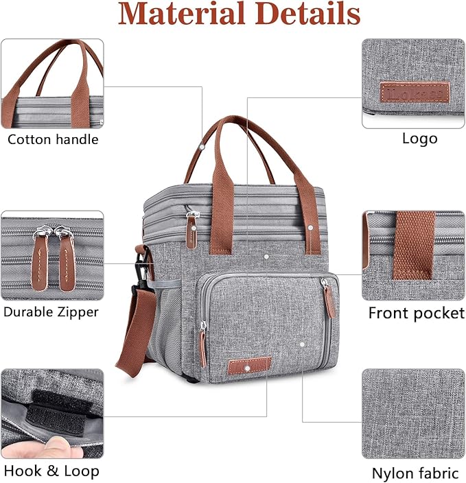 LOKASS Lunch Box & Lunch Bag for Women Men, Expandable Insulated Adult Lunch Box Leakproof Cooler Bag with Adjustable Shoulder Strap, Reusable Womens Lunch Bags for Work Picnic Beach, 16L, Grey