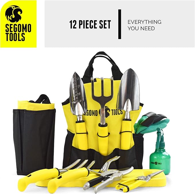 Segomo Tools 12 Piece Garden Tool Set (Including Garden Tools Along with Gloves, Kneeling Pad, Spray Bottle, Apron and Tote Bag) | Gardening Kit | Planting Kit | Home Gardening Tools - GTS12