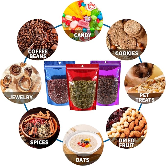 Mylar Bags for Food Storage 5.5 * 7.9, 100 PCS Clear Front Aluminum Resealable Bags for Small Business, Sealable Bag for Packaging with Guset Purple