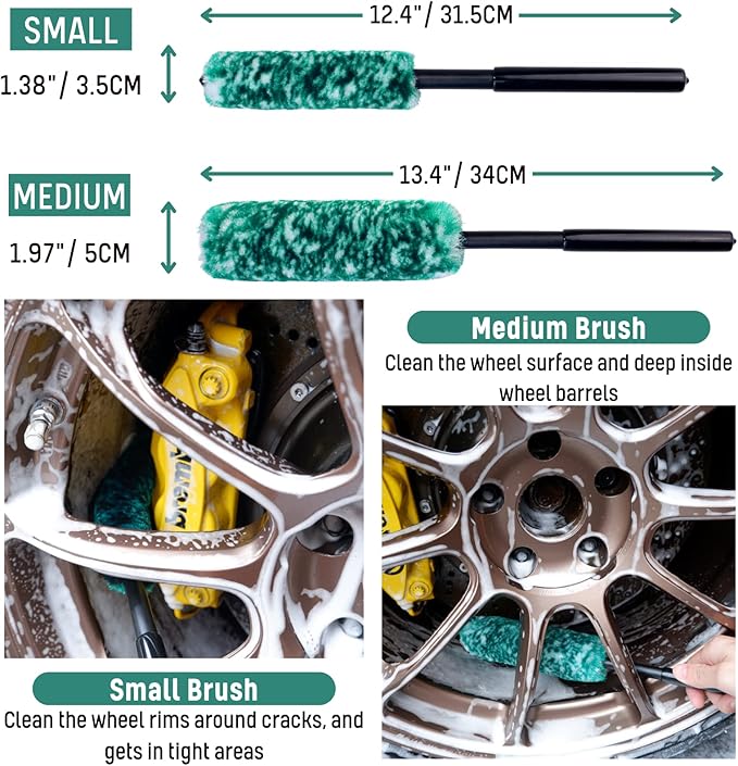 Wheel Brushes for Cleaning Wheels (4 Pro Pack)- 2X Soft Wheel Cleaning Woolies Brush, Detailing Brush and Stiff Tire Brush, Scratch Free Durable Car Wheel Rim Brush Kit for Car Rim and Tire Detailing