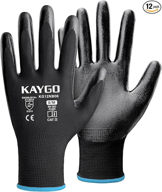 KAYGO Work Gloves Nitrile Coated, 12 Pairs KG12N，Seamless Knit, Protective Safety Work Gloves with Good Grip for General Work,Black,M