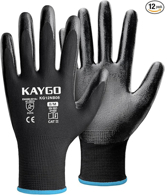 KAYGO Work Gloves Nitrile Coated, 12 Pairs KG12N，Seamless Knit, Protective Safety Work Gloves with Good Grip for General Work,Black,M