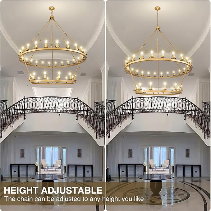Wagon Wheel Chandelier, 2-Tier 36-Light Gold Extra Large Modern Rustic Farmhouse Chandelier Adjustable Height Light for High Ceiling Living Room, Entryways, Foyer, Dining Room