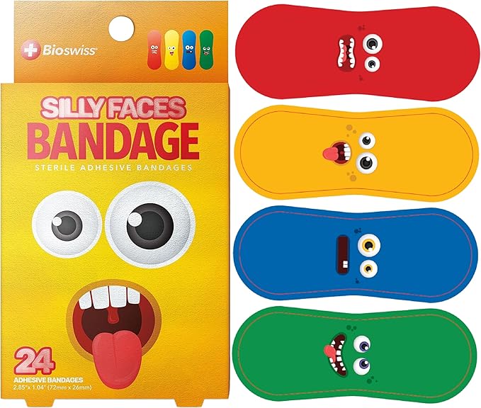BioSwiss Kids Bandages, Silly Faces Shaped Self Adhesive Bandage Set, Latex Free Sterile Wound Care, 24 Count