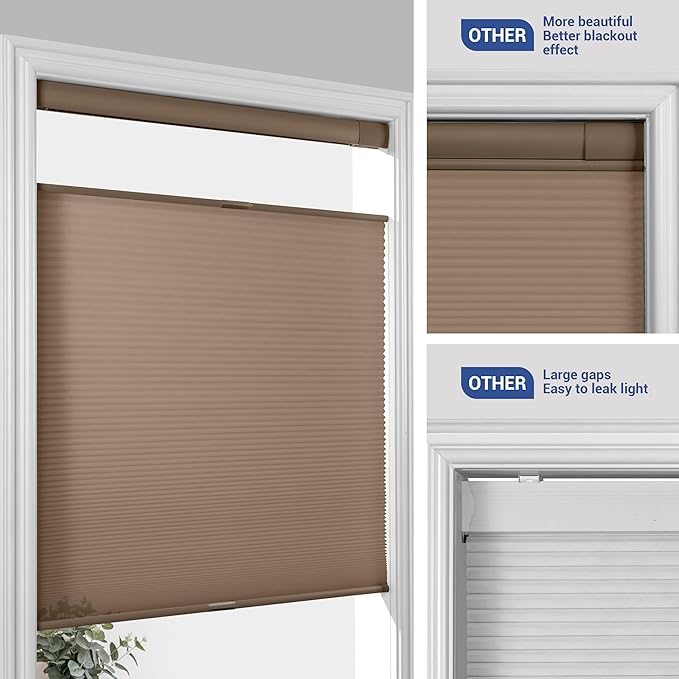 No Drill No Tools Cellular Shades Top Down Bottom Up Blackout Blinds for Windows Cordless Honeycomb Window Shades Easy to Install for Home, Light Filtering-Dark Brown, Customized Size