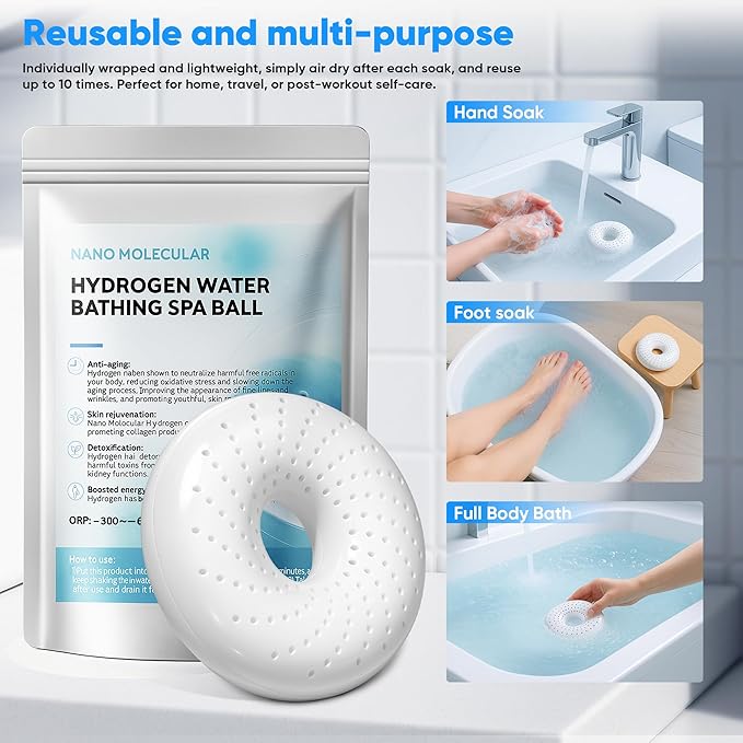 Hydrogen Bath Ball Tablets Bombs for Muscle & Stress Relief – H2 Molecular Hydrogen Bombs for Spa & Hydrogen-Rich Water Soaking, Reusable Design for Full Body, Foot, or Hand Bath