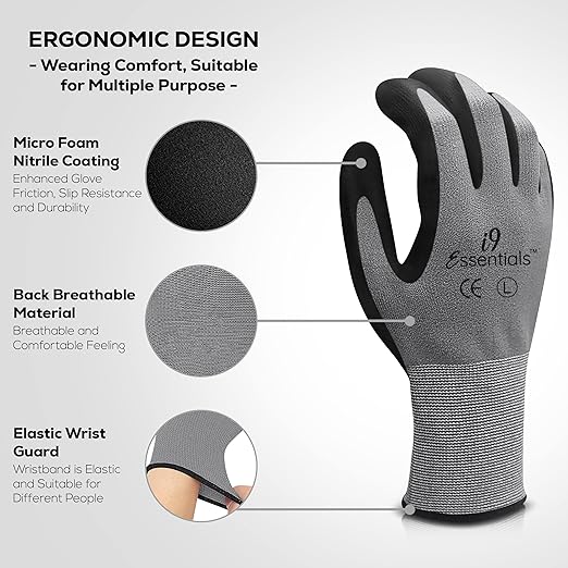 I9 Essentials 12 Pairs MicroFoam Nitrile Coated Touchscreen Work Gloves – Lightweight Grip Safety Gloves for Carpentry, Gardening, Construction & General Work (Large)
