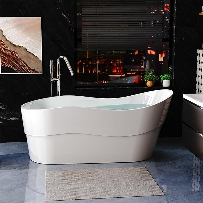 Empava Bathtub, 67" Soaking Tub, Acrylic Free Standing Tub with End Drain and Overflow, Contemporary Design Bathtub for Bathroom, cUPC Certified, Glossy White