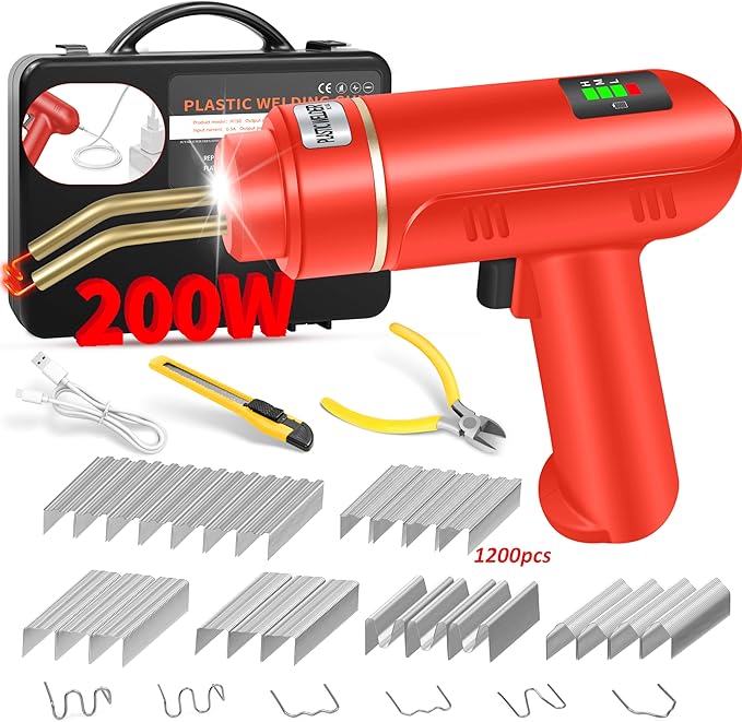 200W Cordless Plastic Welder, Plastic Welding Kit with 1200PCS Hot Stapler, USB Rechargeable Plastic Welder Gun with 5000mAh Battery, Plastic Weld Bumper Repair Kit for Most Plastic Repair