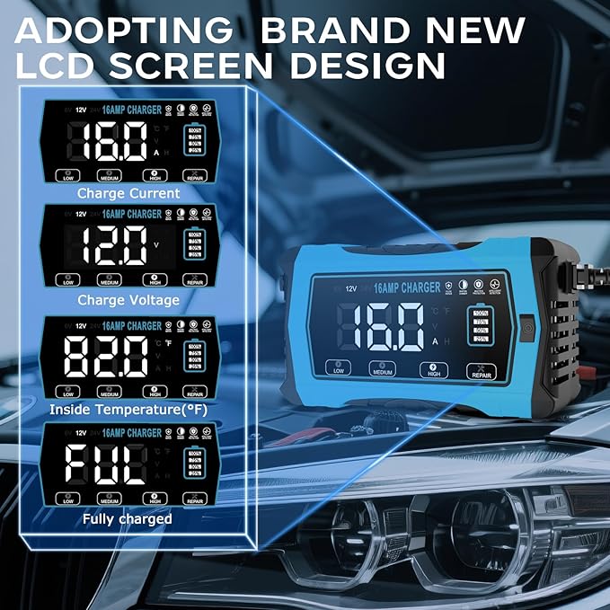 16 AMP Battery Charger, 6V/12V/24V Smart Car Battery Charger, Trickle Charger, Fully Automatic Chargers and Maintainer for Car, Motorcycle, Lawn Mower, Lead-Acid, Lithium, LiFePo4 Batteries