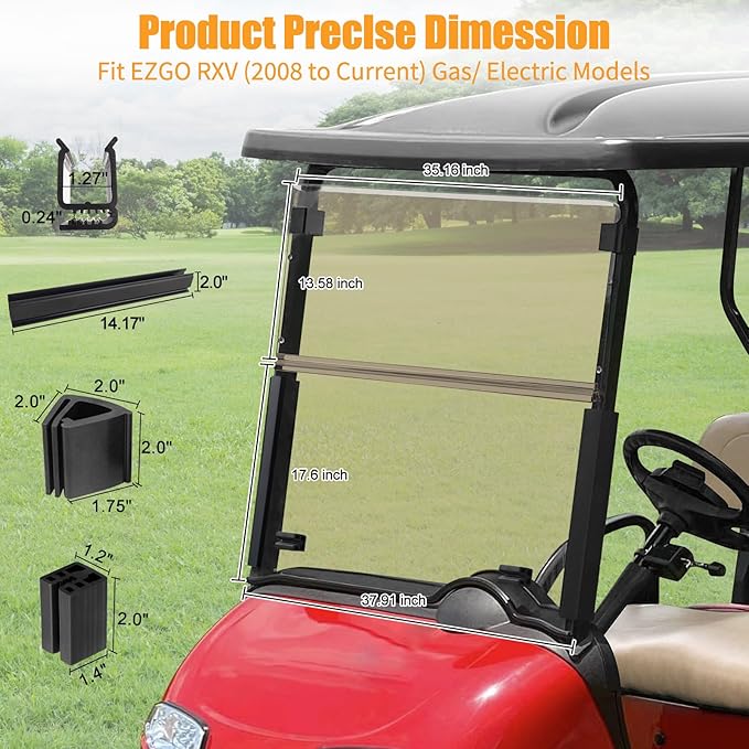 Golf Cart Foldable Windshield Fits 2008-Up EZGO RXV / Freedom RXV Only, 3/16" (5MM) Thicken Fits 1-1/4" Struts, Front Folding Windshield Replacement, Included Hardware