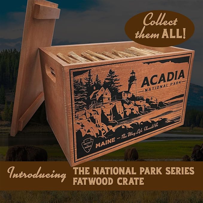 Better Wood Products Limited Edition Protect The Parks Series All Natural Fatwood Fire Starter Sticks, 13 Pound Wooden Crate, Acadia Box