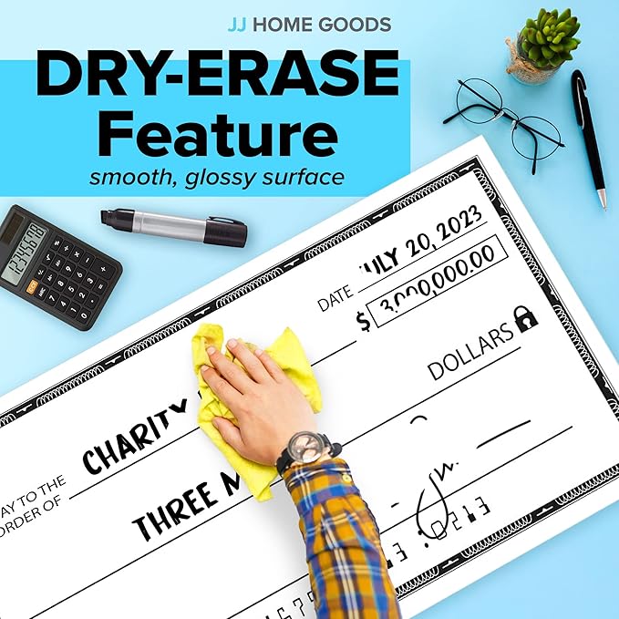 Reusable Giant Check [48" x 24"] - Dry Erase Big Checks for Presentations, Oversized Checks for Presentation, Novelty Big Check, Giant Big Fake Check, Large Checks for Presentations, Donation, Awards