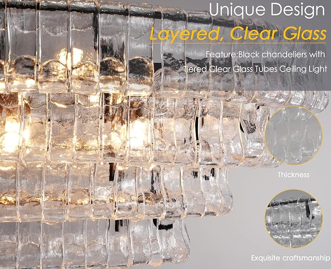 65 Inch Large Rectangular Black Chandelier for Dining Room, Clear Glass Drum Modern Pendant Light Fixture, Extra Long Kitchen Island Lighting