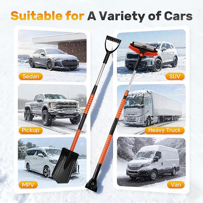 55'' Detachable Snow Shovel with Extendable Ice Scraper & Snow Brush - Snow Scraper with Ergonomic Foam Grip and 270° Pivoting Brush Head for Car Truck SUV Windshield Window & Winter Accessories