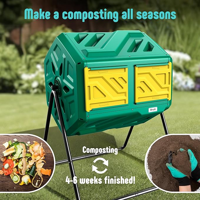 Compost Bin, Outdoor Composter, Fast Assembly 43 Gallon Dual Chamber Outdoor Compost Tumbler, Heavy Duty Tumbling Rotating Composter for Patio, Garden, Yard, Green, Easy Setup, Gloves Included