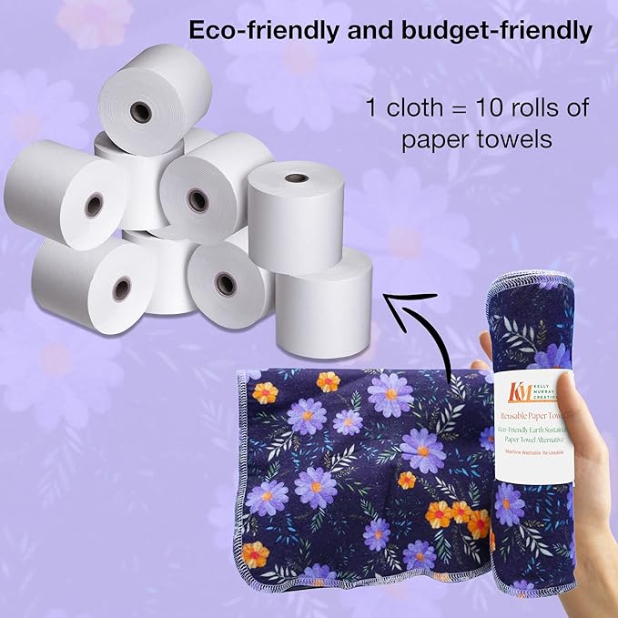 Pack of 10 Reusable Paper Towels | 10x10 Inch Cotton Towels | Kitchen Utensils Print | Eco Friendly, Washable, Quick Drying | Sustainable Cleaning Cloths | Floral Dark