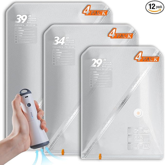 Vacuum Seal Bags for Clothing with Rechargeable Cordless Pump, 12 Pack Compression Packing Bags, Space Saver Storage for Seasonal Clothes Bedding Blanket Pillows Comforters Luggage Travel