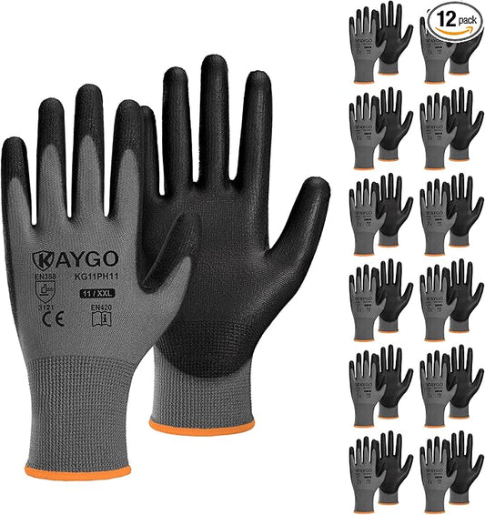 KAYGO Safety Work Gloves PU Coated-12 Pairs, KG11PB, Seamless Knit Glove with Polyurethane Coated Smooth Grip on Palm & Fingers, for Men and Women (2X-Large, Grey)