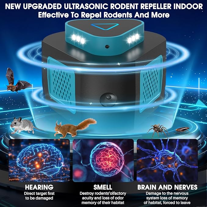 Ultrasonic Pest Repeller Indoor & Mouse Repellent Plug in,360° Ultrasonic Rodent Repeller with PIR Sensor & Strobe Light for Rat,Squirrel,Mouse Deterrent for Home,Kitchen,Office,Warehouse,Hotel Use