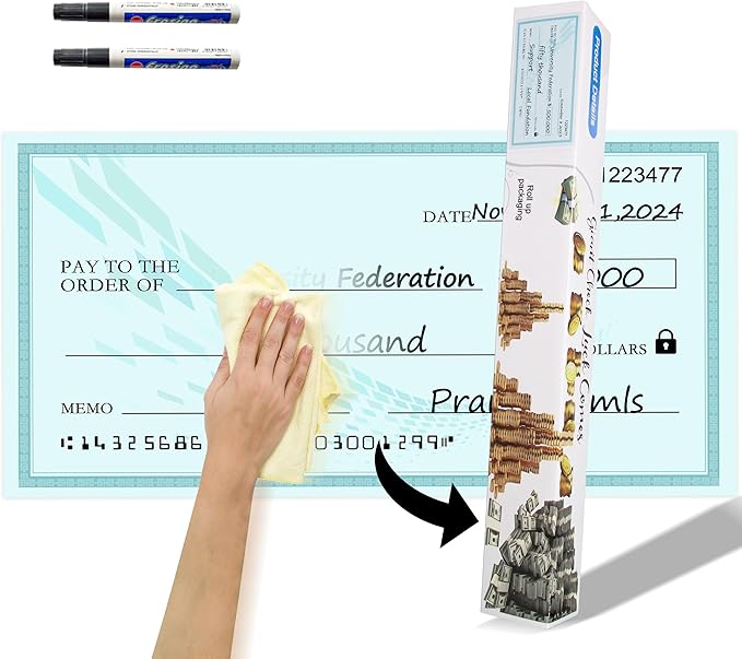 Reusable Giant Check Board for Donations, 30"x16" Single-Sided Reusable Ceremonial Check | Big Check Giant Check | Oversized Corporate Event Sign for Fundraiser Donations & Celebrations