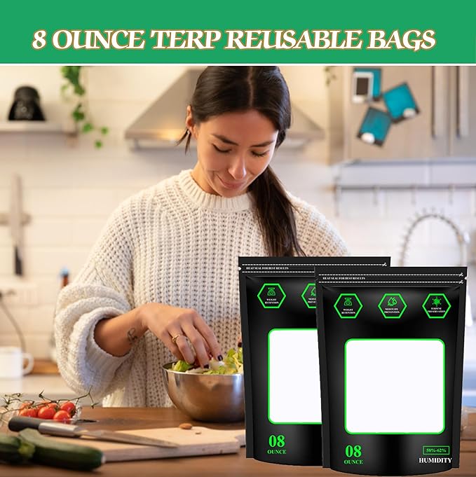 10 pack 1/2 LB Storage Terp Bags 58%-62% RH 2-Way Humidity Control Bags,Reusable Heat Sealable Bags for Curing & Food Storage, 8 Ounce Humidity bags (8oz, 1/2 lb).