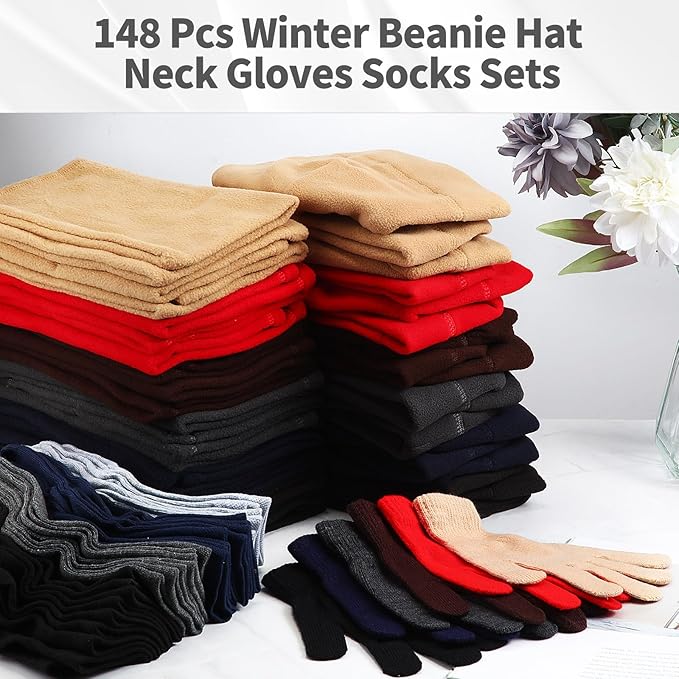 Liitrsh 148 Pcs Bulk Winter Fleece Hats Gloves Scarf Sock Sets for Men Women, Beanies for Homeless Donation Charity Bundle
