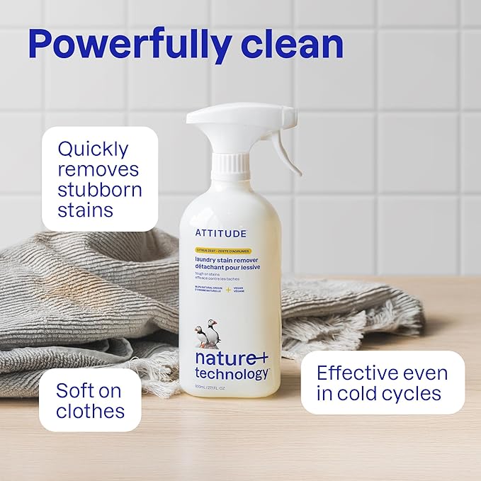 ATTITUDE Stain Remover Spray for Laundry, Removes Odors & Stains, Plant-Based & Vegan, Citrus Zest Scent, 27.1 Fl Oz