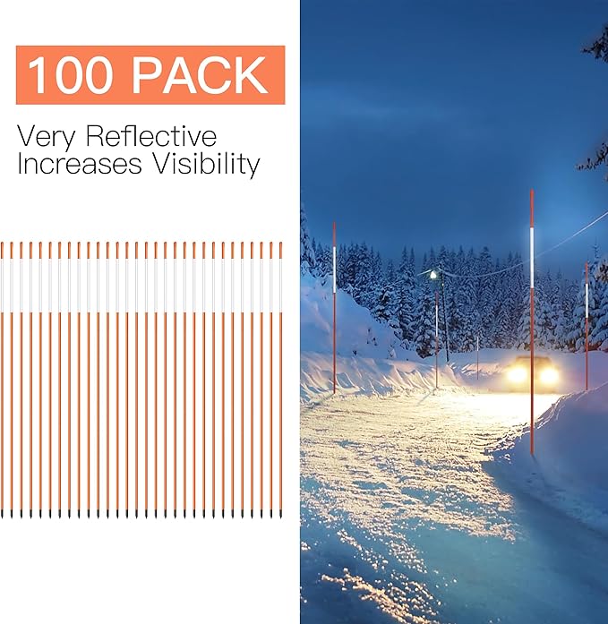 Driveway Markers 48 inch 100pcs, 5/16” Dia 4FT Snow Stakes with Reflective Tape, Highly Visible for Parking, Walkways, Snow Markers, 4FT Orange Fiberglass Poles Reflectors Markers with Steel Drill Bit