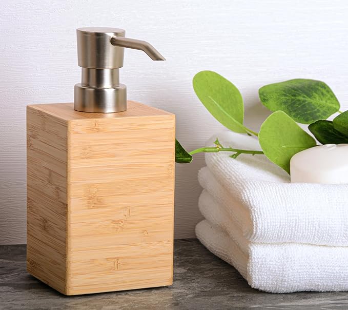 Bamboo Soap Dispenser with Anti-Slip Pads and Stylish Horizontal Wood Grain, Hand Dispenser for Bathroom, Kitchen, Dish, Lotion, Shampoo, Liquid Soap (7 Oz)