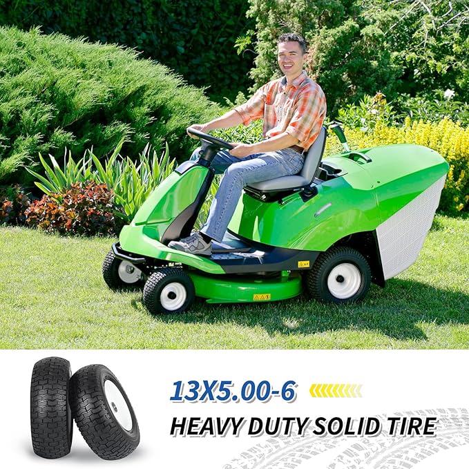2 Pack, 13x5.00-6 Flat Free Lawn Mower Tire and Wheel, 13x5-6 Riding Lawnmower Tire with 3"-6" Centered Hub and 3/4" & 5/8" Bearings, Tractor Turf Tire Turf-Friendly, 2 Pack