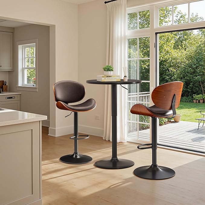 Bar Stools Set of 4 Adjustable Swivel Bentwood Barstools PU Leather Modern Bar Chairs with Back & Footrest for Bar, Kitchen Island, Dining Room (Brown, Set of 4)