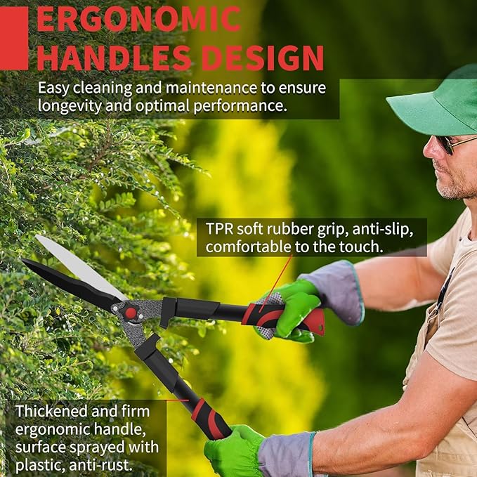 GARTOL 23-Inch Hedge Shears with 9‘’ Extra Thick High Carbon Steel Wavy-Blade, Precision Cutting | Rust-Resistant Ergonomic Handles with TPR Grip, Adjustable Tension Knob & Shock-Absorbing Bumpers