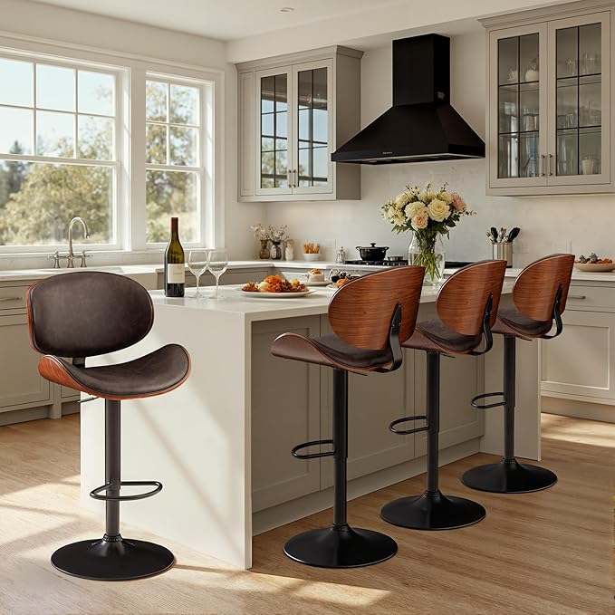 Bar Stools Set of 2 Adjustable Swivel Bentwood Barstools PU Leather Modern Bar Chairs with Back & Footrest for Bar, Kitchen Island, Dining Room (Brown, Set of 2)