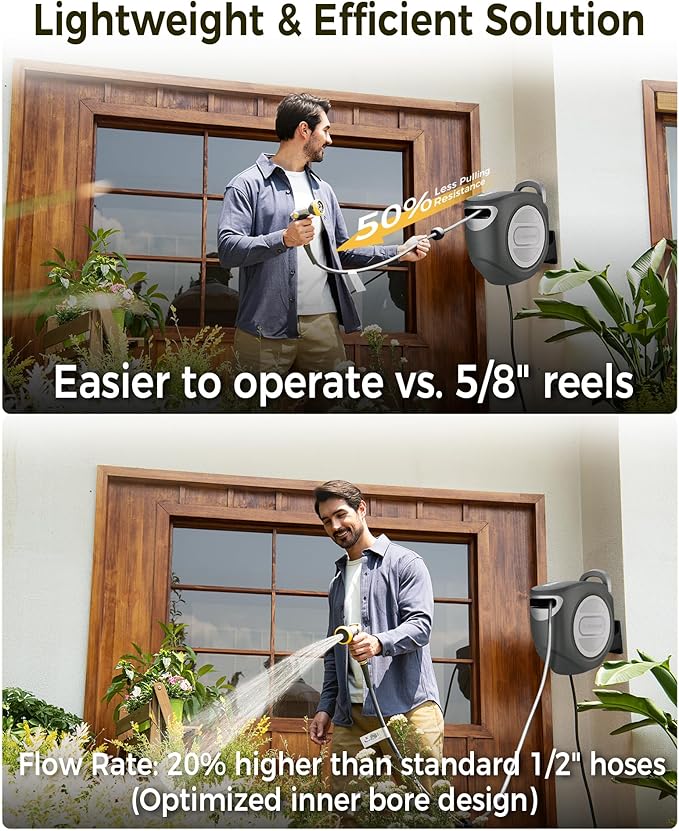 GLAHODEN Retractable Garden Hose Reel 1/2 in x 130 ft Upgraded UV Resistant Heavy Duty Automatic Hose Reel Wall Mount 3/4 in Brass Fitting 9 Pattern Nozzle Any Length Lock Slow Retraction