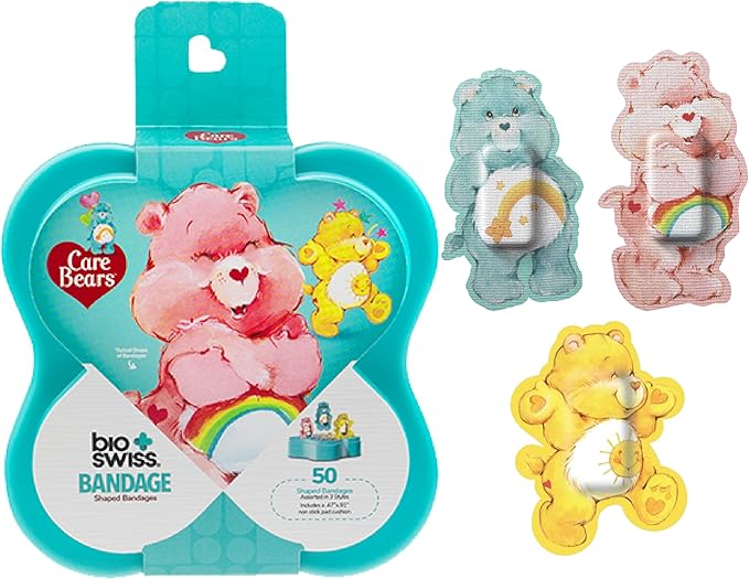 BioSwiss Care Bears Kids Bandages, Classic Care Bear Shaped Self Adhesive Bandage Set, Latex Free, Sterile Wound Care, 50 Count