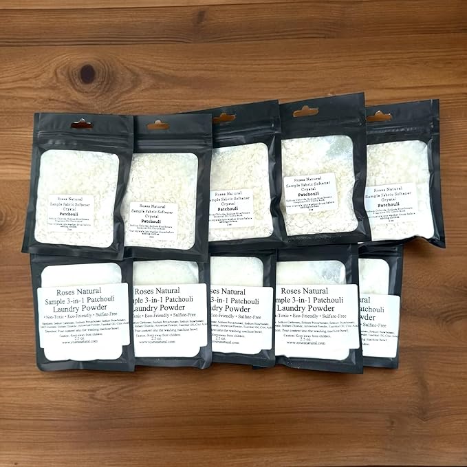 Natural Laundry Powder, Travel Size Laundry Bundle, Sample 3-in-1 Laundry Powder Packets (5), Fabric Softener Crystals(5), Patchouli Scent, Pre-Measured, HE-Safe, Made in the USA