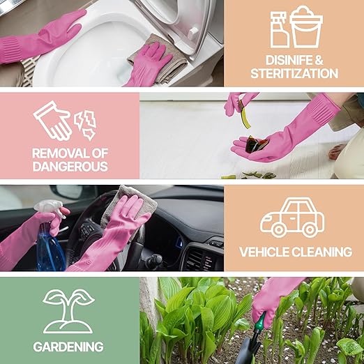 Mamison 2 Pairs Reusable Waterproof Household Dishwashing Cleaning Rubber Gloves, Non-Slip Kitchen Glove (Pink, Small (Pack of 2))