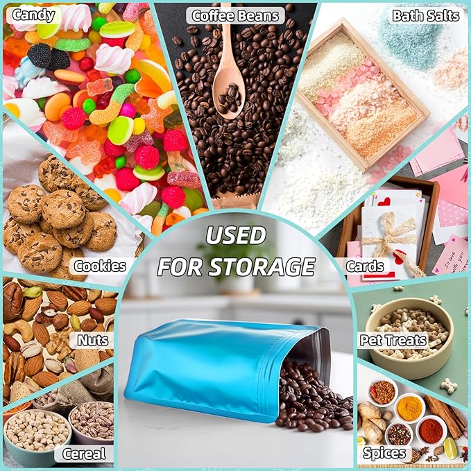 FUNFERY 6.3x9.4 inch Stand Up Mylar Resealable Bags for Food Storage,Smell Proof Foil Pouch,Food Packaging Sealable Bags,Mylar Zipper Bag for Jerky,Candy,Cereal,Coffee, Cards,Blue,50 Pack