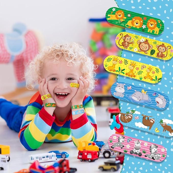 Patelai 300 Pieces Kids Bandages Bulk 10 Styles Children's Adhesive Flexible Colorful Cute Cartoon Bandages Waterproof Breathable Stickers Protection Care Cuts for Girls Boys(Animals)