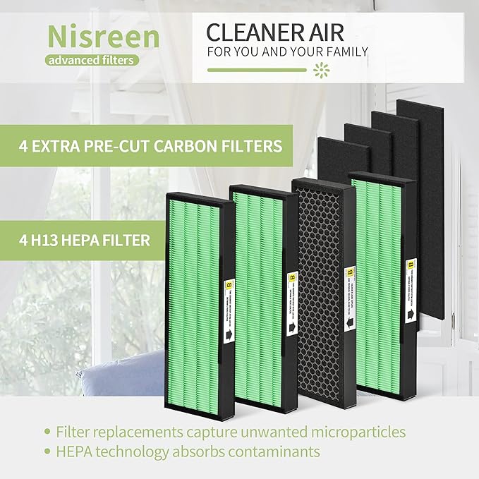 [Upgraded] Nisreen AC4825 HEPA Filter B Replacement Compatible with Guardian Filter B for Improving Moist Conditions, for Models AC4825E AC4850PT AC4900CA, 4 H13 HEPA and 4 Pre-Filters