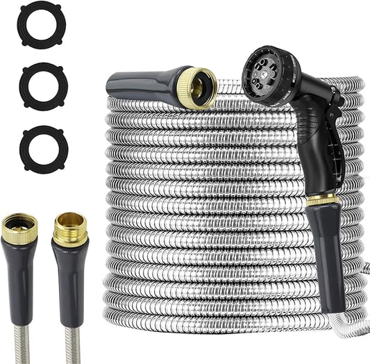 Stainless Steel Garden Hose 50ft Heavy Duty Metal Water Hoses with 10 Function Water Hose Nozzles for Yard Outdoor