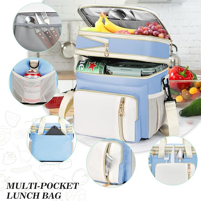 LOKASS Expandable Lunch Box for Women Men | Adult Lunchbag Cooler Tote Bag with Adjustable Shoulder Strap | Insulated Reusable Womens Lunch Bags for Work Camping Beach | 16L, Baby Blue